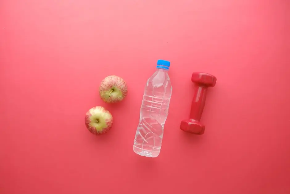 Ilustrasi meja kerja dengan botol air dan makanan sehat
